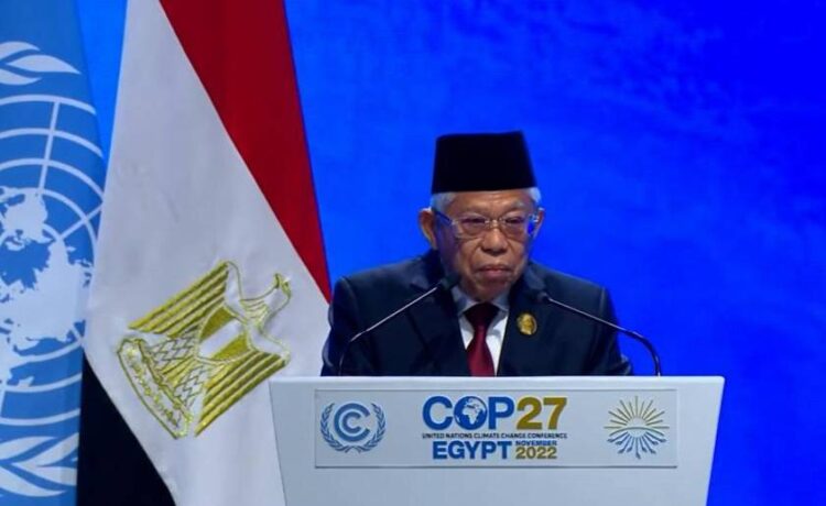 Wakil Presiden Ma'ruf Amin mewakili Presiden Joko Widodo memberikan pernyataan nasional pada Konferensi Tingkat Tinggi (KTT) COP27 di Sharm El-Sheikh, Mesir, Senin (07/11/2022)